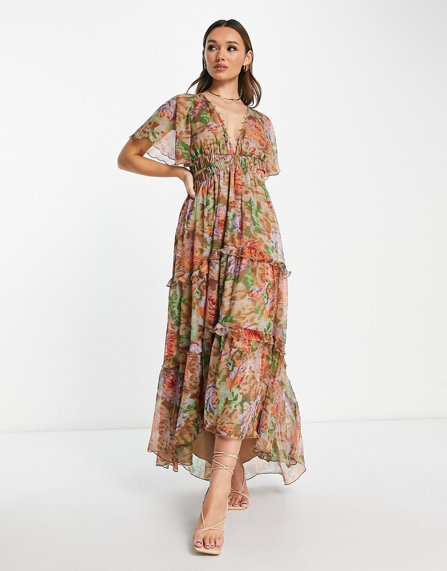 ASOS DESIGN angel sleeve plunge tiered maxi dress with cut out and rouleux detail in blurred floral print-Multi