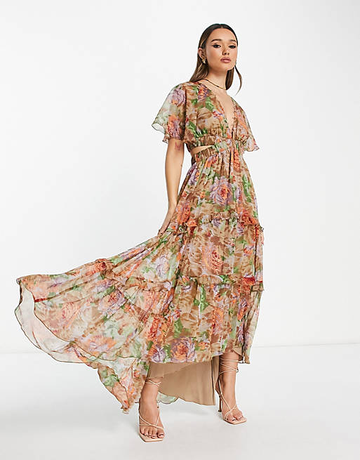 ASOS DESIGN angel sleeve plunge tiered maxi dress with cut out and rouleux  detail in blurred floral print