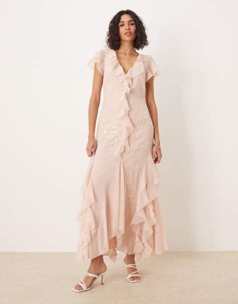 ASOS DESIGN angel sleeve ruffle embroidered maxi dress in dusky pink - view 1
