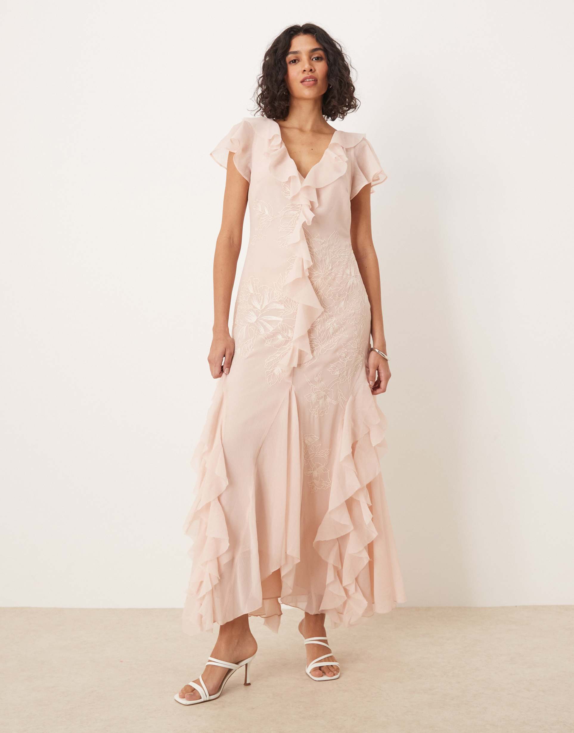asos design angel sleeve ruffle embroidered maxi dress in dusky pink