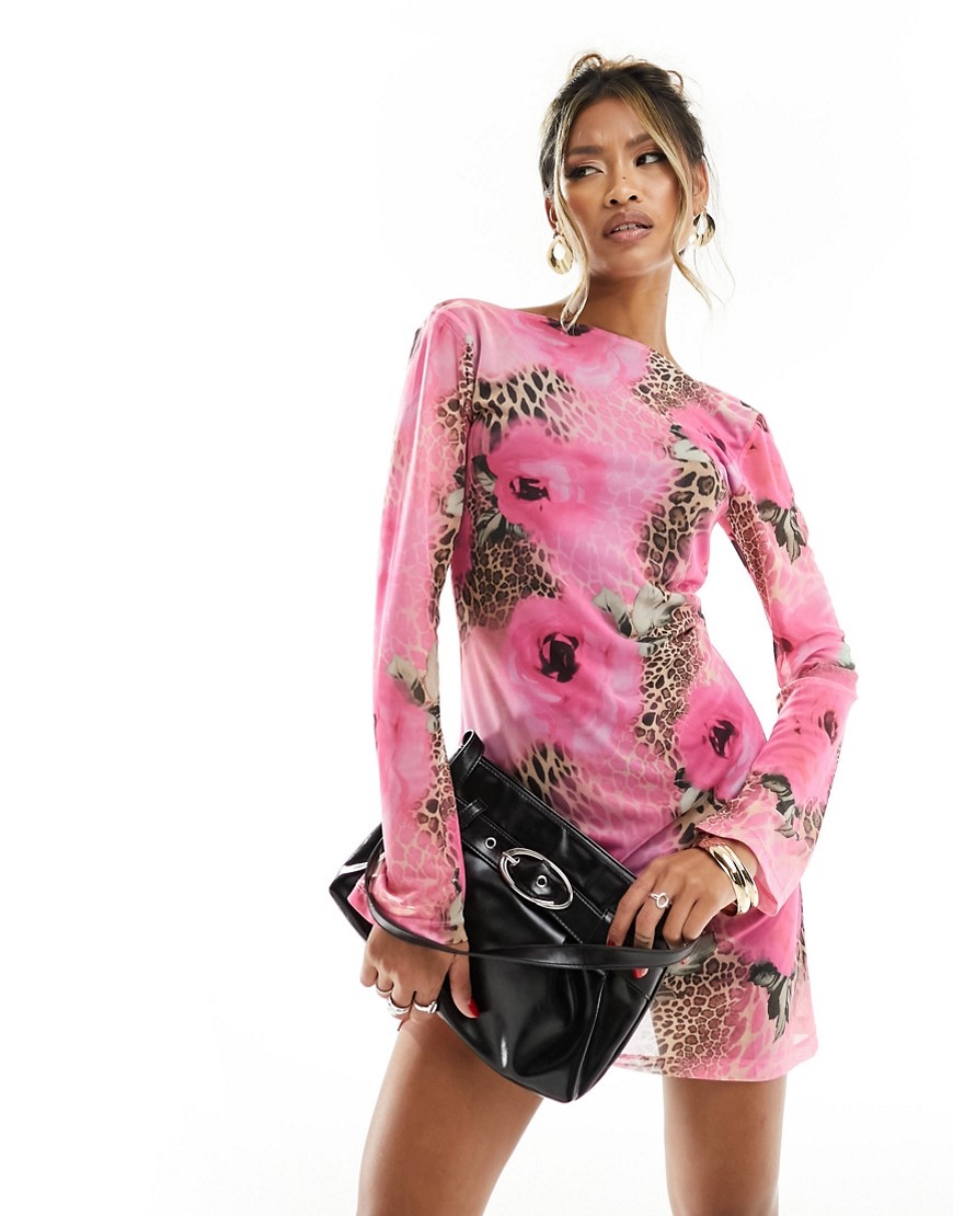 ASOS DESIGN angel sleeve scoop back mini dress in leopard floral print-Multi