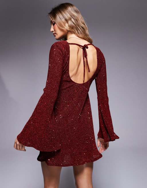 ASOS DESIGN angel sleeve sequin mini dress with low back in burgundy