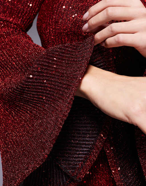 ASOS DESIGN angel sleeve sequin mini dress with low back in burgundy