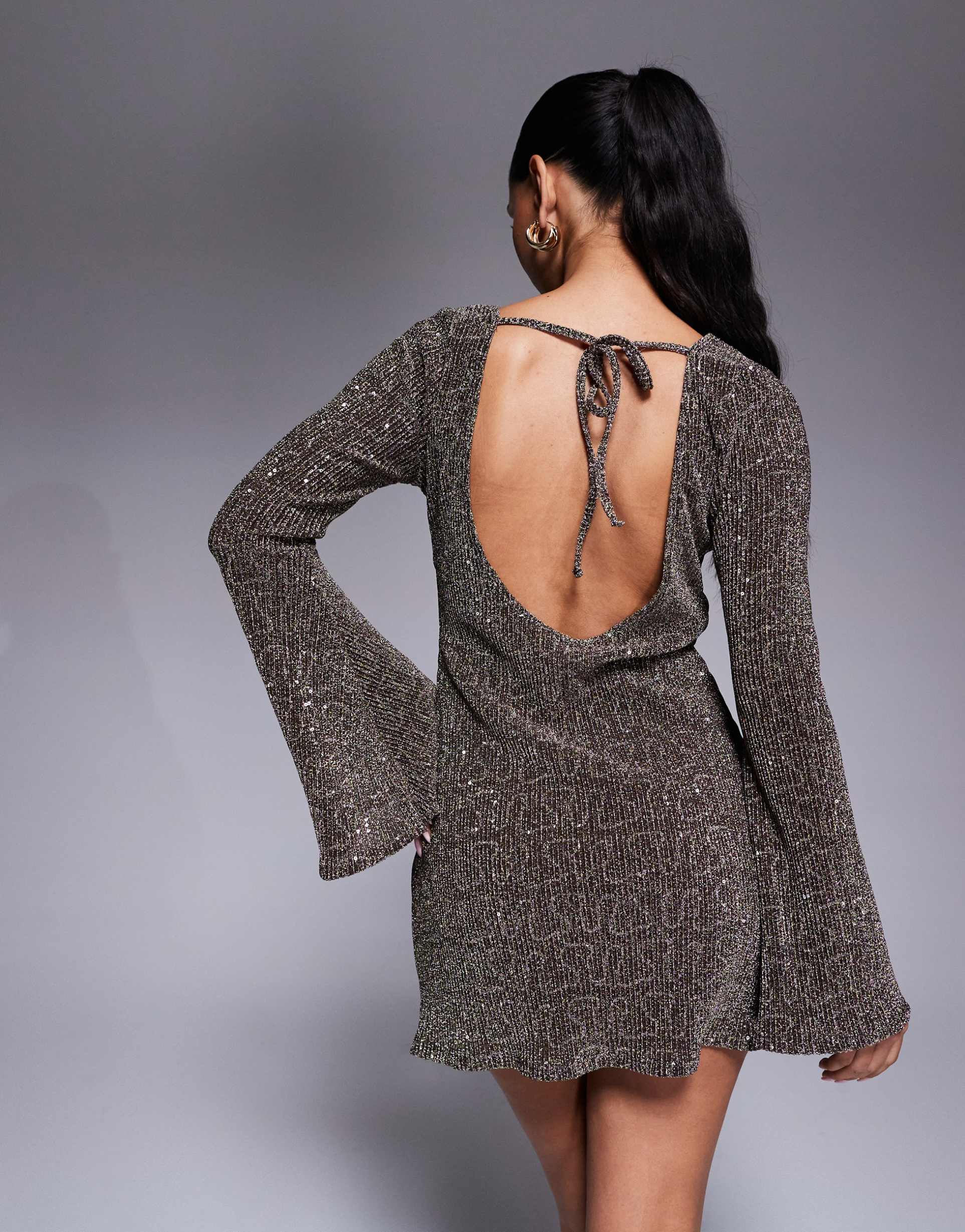 asos design angel sleeve sequin mini dress with low back in khaki