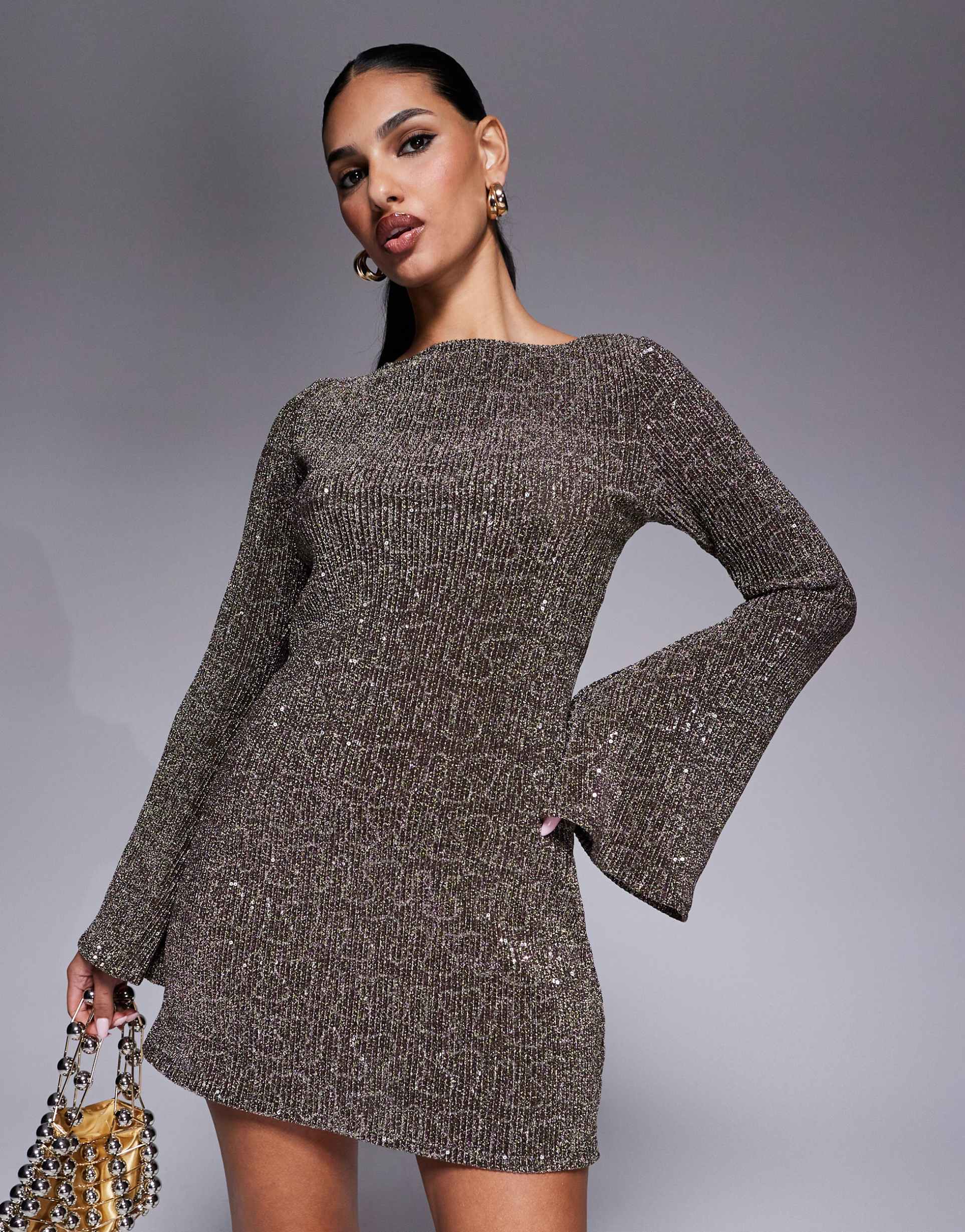 asos design angel sleeve sequin mini dress with low back in khaki