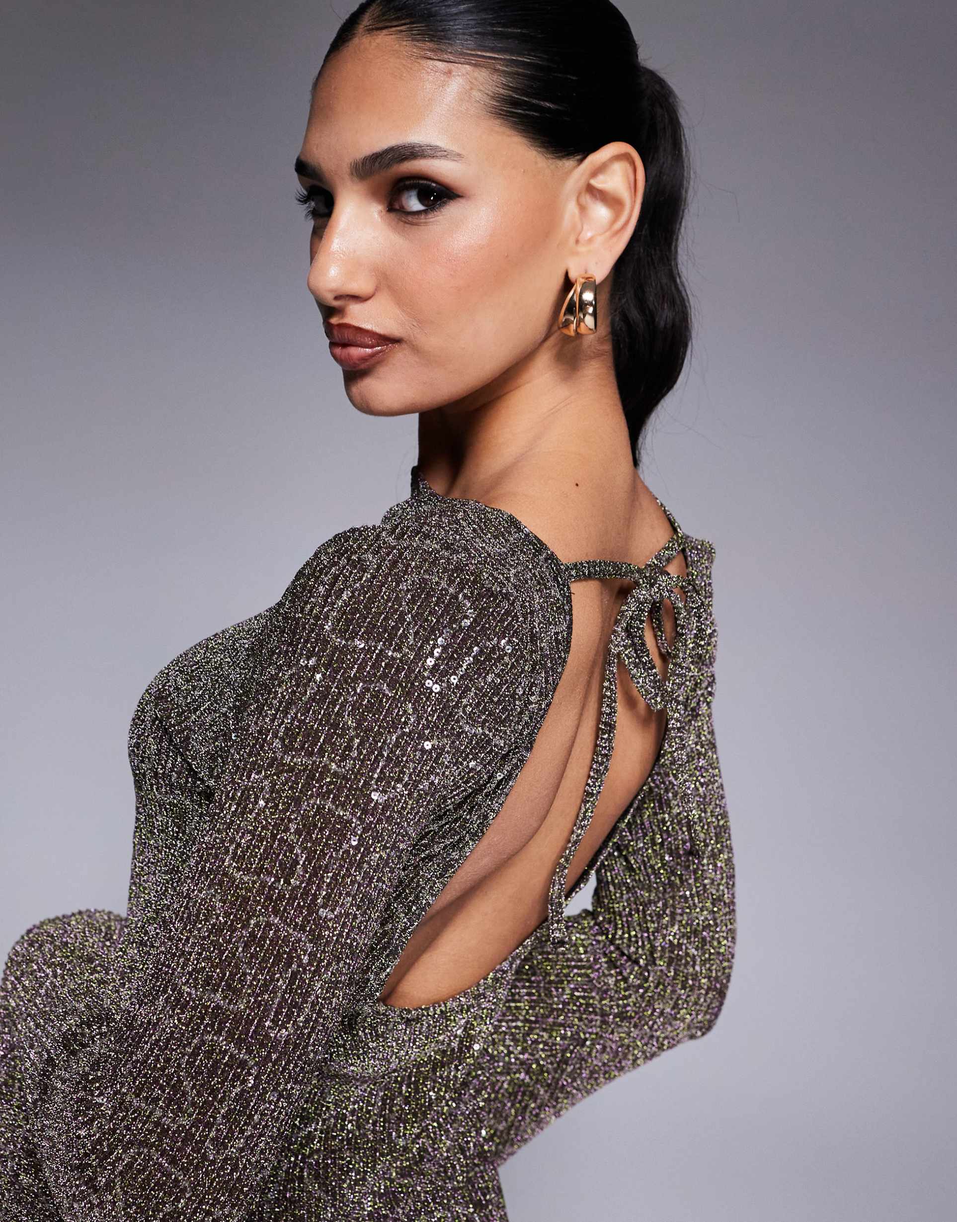 asos design angel sleeve sequin mini dress with low back in khaki