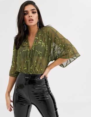 ASOS DESIGN angel sleeve sequin wrap bodysuit in khaki-Green