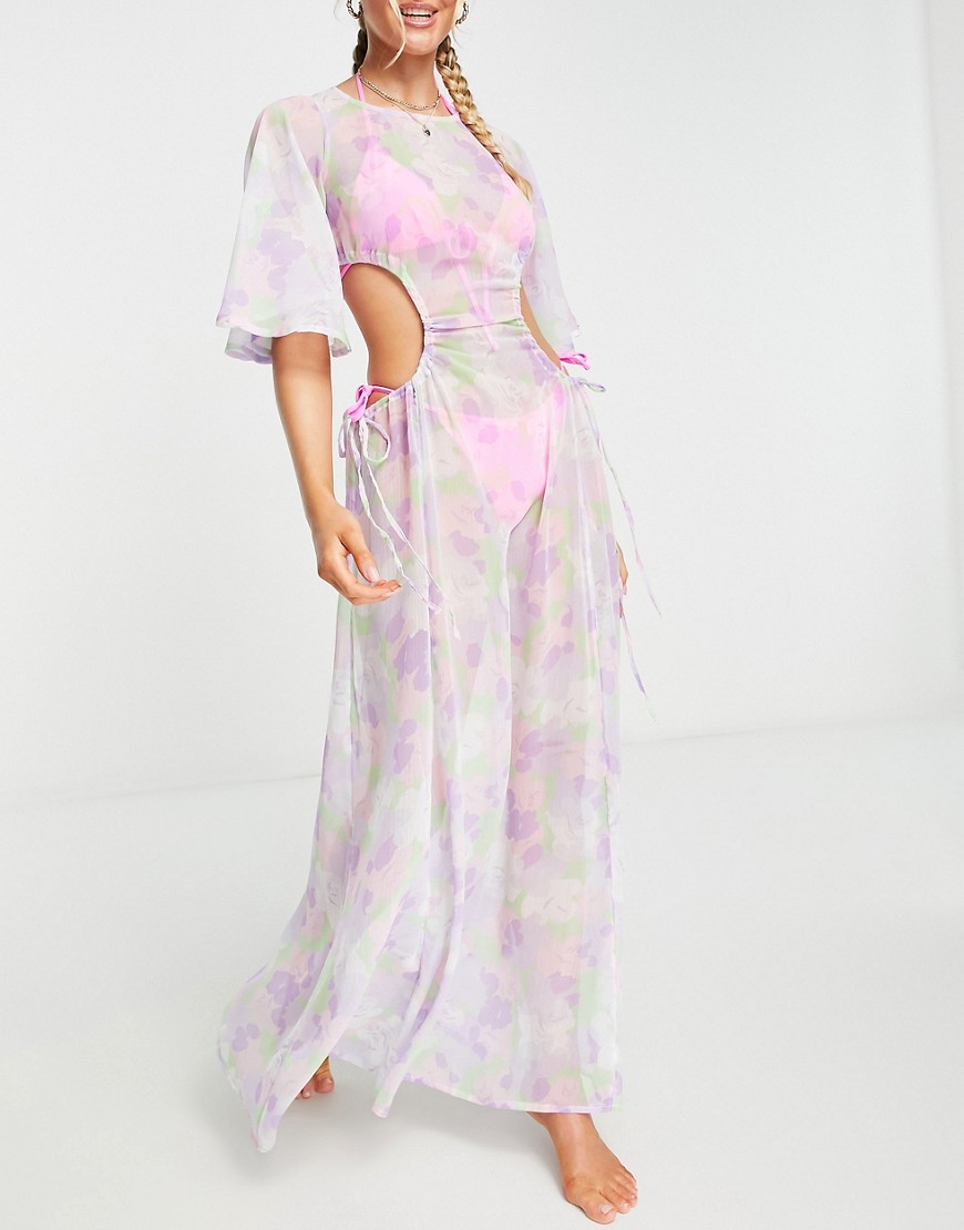 ASOS DESIGN angel sleeve sheer beach maxi dress in floral print-Multi