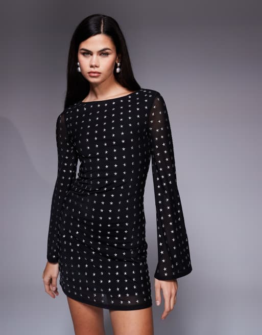 ASOS DESIGN angel sleeve star embellishment mini dress in black