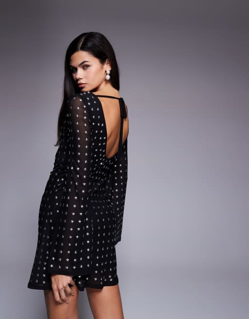 ASOS DESIGN angel sleeve star embellishment mini dress in black