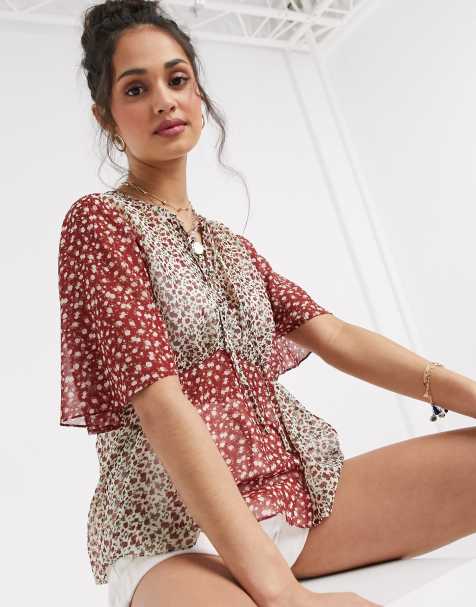 ASOS DESIGN angel sleeve tea blouse in mixed floral print - view 1