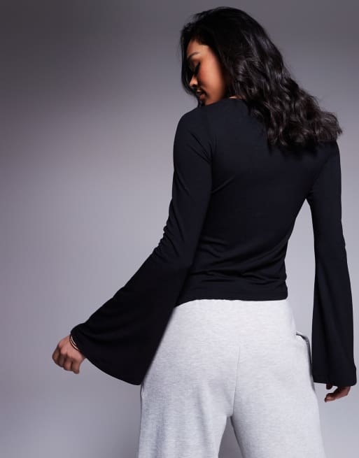 ASOS DESIGN angel sleeve top with flare detail in black