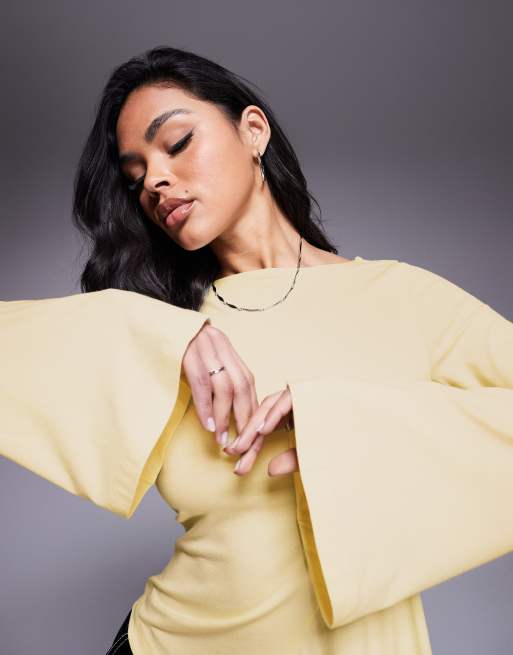 ASOS DESIGN angel sleeve top with godet detail in buttermilk