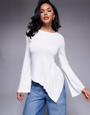 ASOS DESIGN angel sleeve top with godet detail in ecru-White