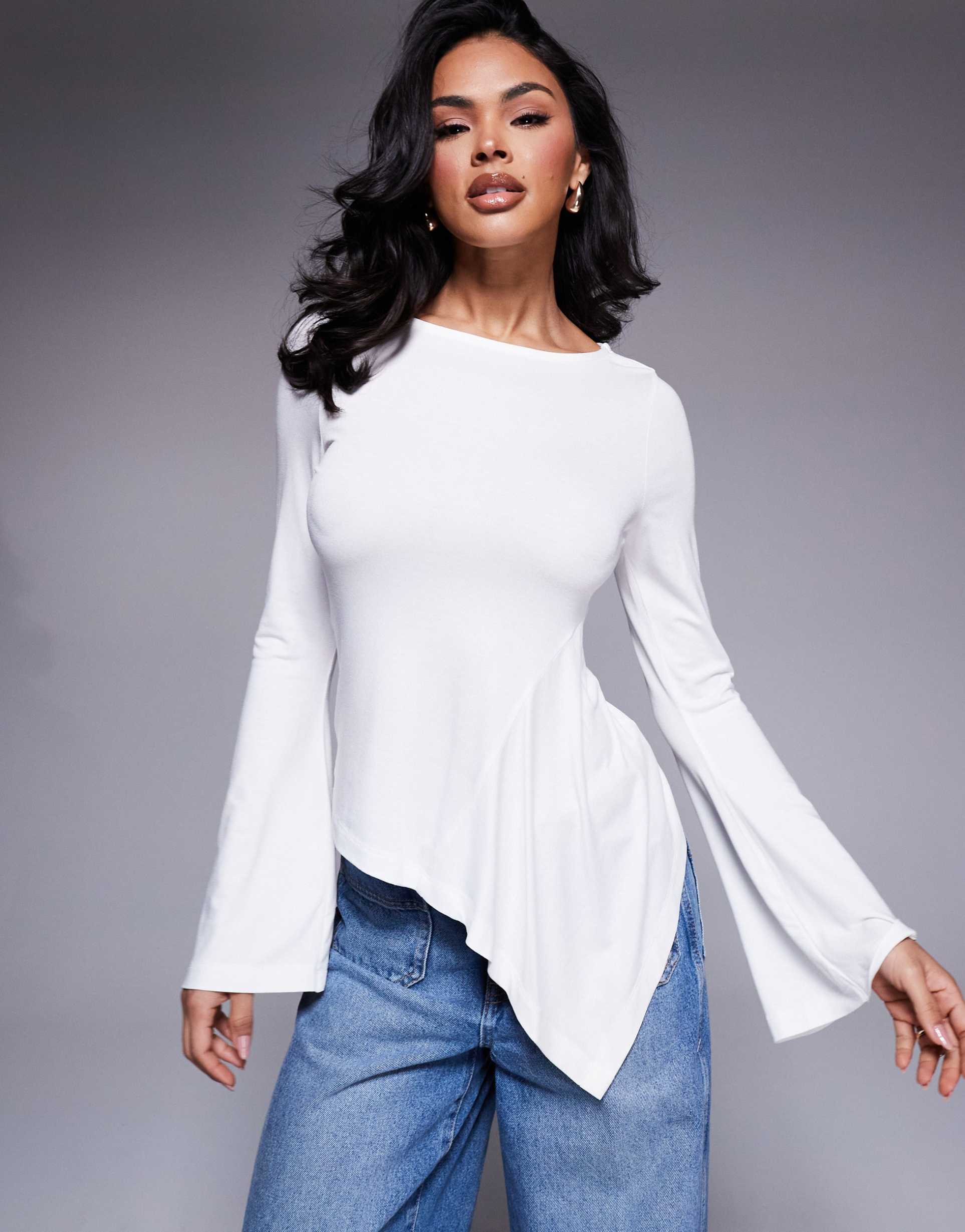 asos design angel sleeve top with godet detail in ecru