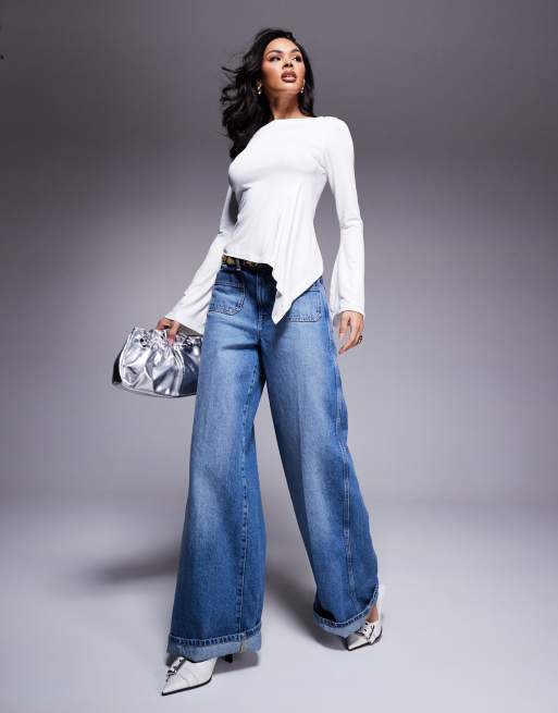 ASOS DESIGN angel sleeve top with godet detail in ecru