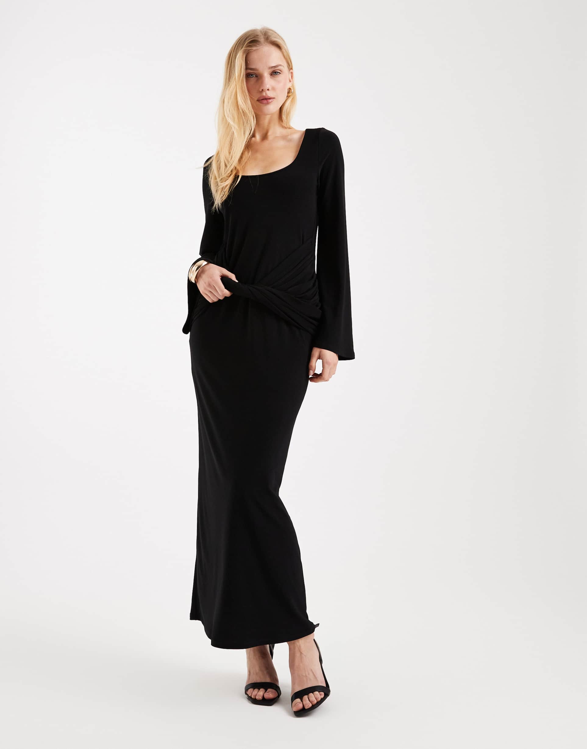 asos design angel sleeve twist detail maxi dress in black