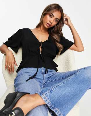 ASOS DESIGN angel sleeve with double tie front tea blouse with peplum hem  in black