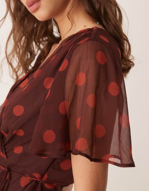 ASOS DESIGN angel sleeve wrap front maxi dress with seaming details in cherry polka dot print, 2 of 4