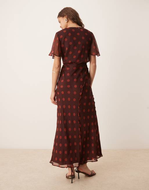 ASOS DESIGN angel sleeve wrap front maxi dress with seaming details in cherry polka dot print, 3 of 4