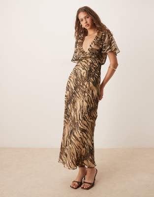 Asos Design Angel Sleeve Wrap Front Midi Dress With Seaming Details In Brown