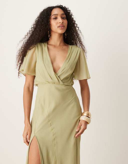 ASOS DESIGN angel sleeve wrap front midi dress with seaming details in khaki, 2 of 4