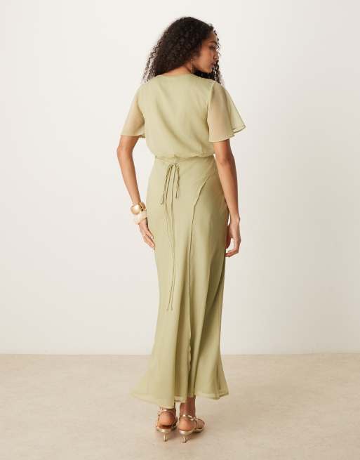 ASOS DESIGN angel sleeve wrap front midi dress with seaming details in khaki, 3 of 4