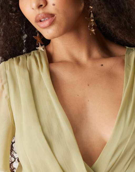 ASOS DESIGN angel sleeve wrap front midi dress with seaming details in khaki, 4 of 4