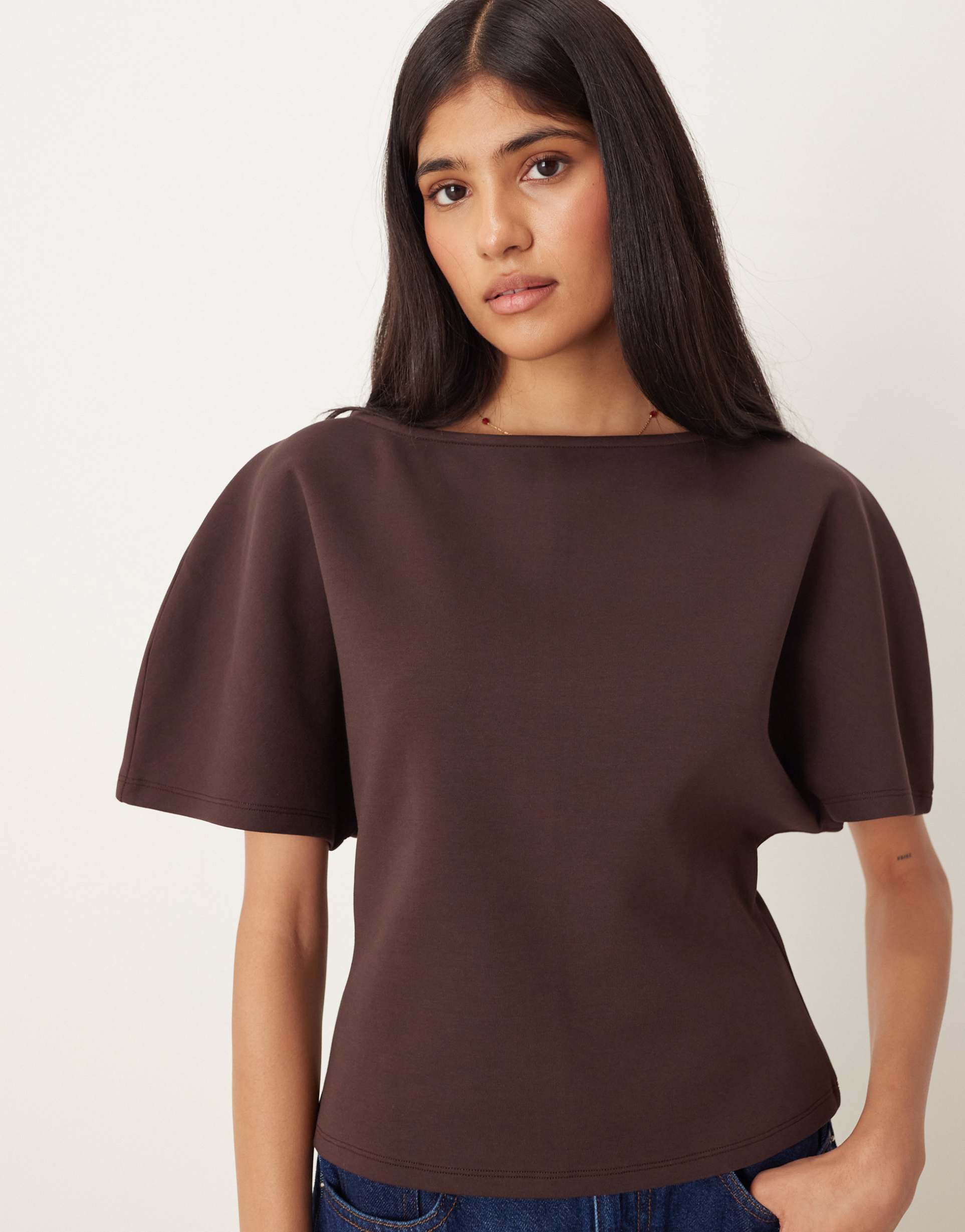 asos design angel sleeves interlock slash neck cinched shell top in dark brown