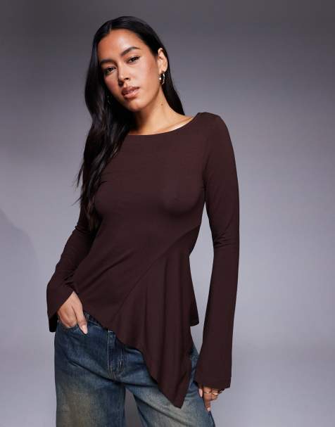 ASOS DESIGN angel sleeves top with godet detailing in chocolate brown - view 1