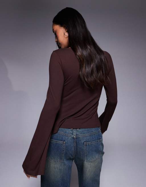 ASOS DESIGN angel sleeves top with godet detailing in chocolate brown