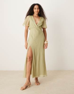 angel sleeves wrap front midi dress with seaming details in sage green