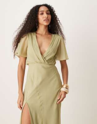Asos Design Angel Sleeves Wrap Front Midi Dress With Seaming Details In Green
