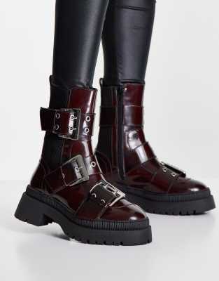 Womens Biker Boots Leather Lace Up Straps Asos