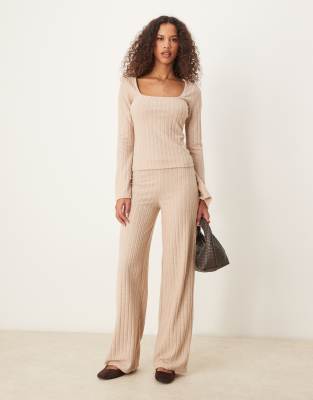 ASOS DESIGN - Angeraute Hose in Hellbeige mit breiter Rippenstruktur und weitem Bein, Kombiteil-Neutral