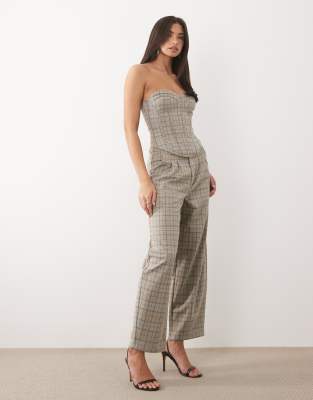 Angeraute Hose in kariertem Steinbeige mit abgerundetem Beinschnitt, Kombiteil-Mehrfarbig Mehrfarbig 40