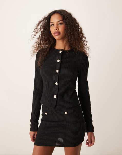 ASOS DESIGN – Angeraute, langärmlige Strickjacke in Schwarz mit gerippter Struktur, Kombiteil - view 1