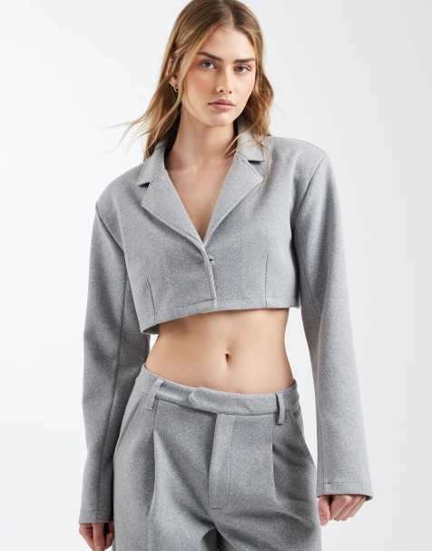 ASOS DESIGN – Angerauter Cropped-Blazer in Grau, Kombiteil - view 1