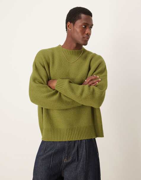 ASOS DESIGN – Angerauter, flauschiger Strickpullover in Khaki mit Rundhalsausschnitt und kastigem Super-Oversize-Schnitt - view 1