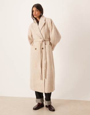 ASOS DESIGN - Angerauter Mantel in Hellbeige mit Kuppelärmeln und schmalem Gürtel-Neutral