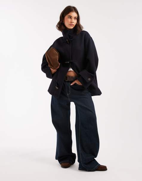 ASOS DESIGN – Angerauter Mantel in Marineblau mit Steckkragen und Knebelverschlüssen - view 1