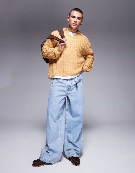 ASOS DESIGN – Angerauter Oversize-Pullover aus weitmaschigem Rippstrick in Steingrau mit Einkerbung am Ausschnitt