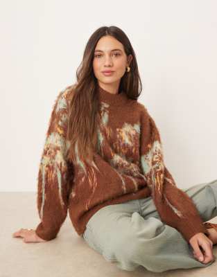 ASOS DESIGN - Angerauter Oversize-Pullover in Braun mit Rundhalsausschnitt und abstraktem Blumenmuster-Brown