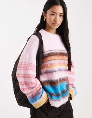 ASOS DESIGN - Angerauter Oversize-Pullover in Rosa mit Streifen
