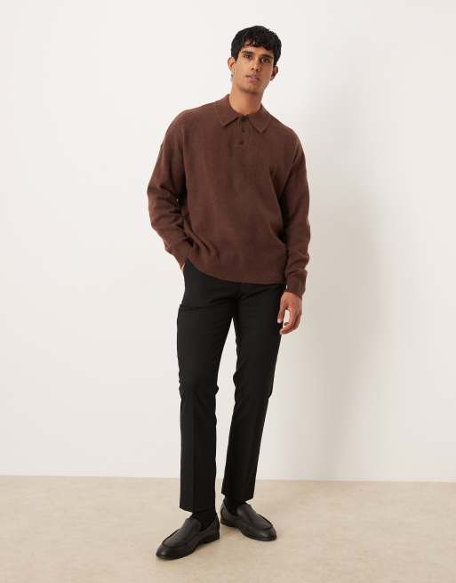 ASOS DESIGN – Angerauter Oversize-Strickpullover in Braun mit Polo-Kragen, 2 von 5