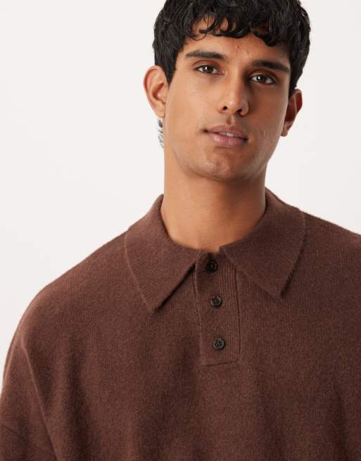 ASOS DESIGN – Angerauter Oversize-Strickpullover in Braun mit Polo-Kragen, 5 von 5