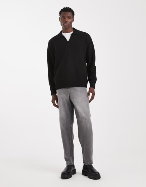 ASOS DESIGN – Angerauter Oversize-Strickpullover in Schwarz mit eingekerbtem Ausschnitt - view 1