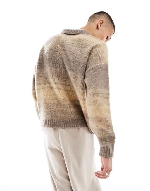 ASOS DESIGN – Angerauter Oversize-Strickpullover in Steinbeige mit Ombré-Streifen, 4 von 4