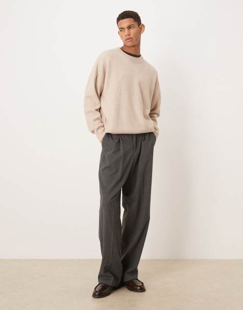 ASOS DESIGN – Angerauter Oversize-Strickpullover in Steinbeige mit Rundhalsausschnitt - view 1