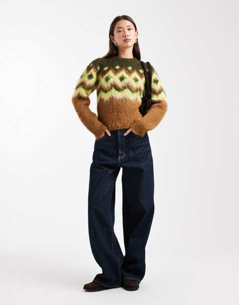 ASOS DESIGN – Angerauter Pullover in Grün mit Norwegermuster und betonter Schulter - view 1